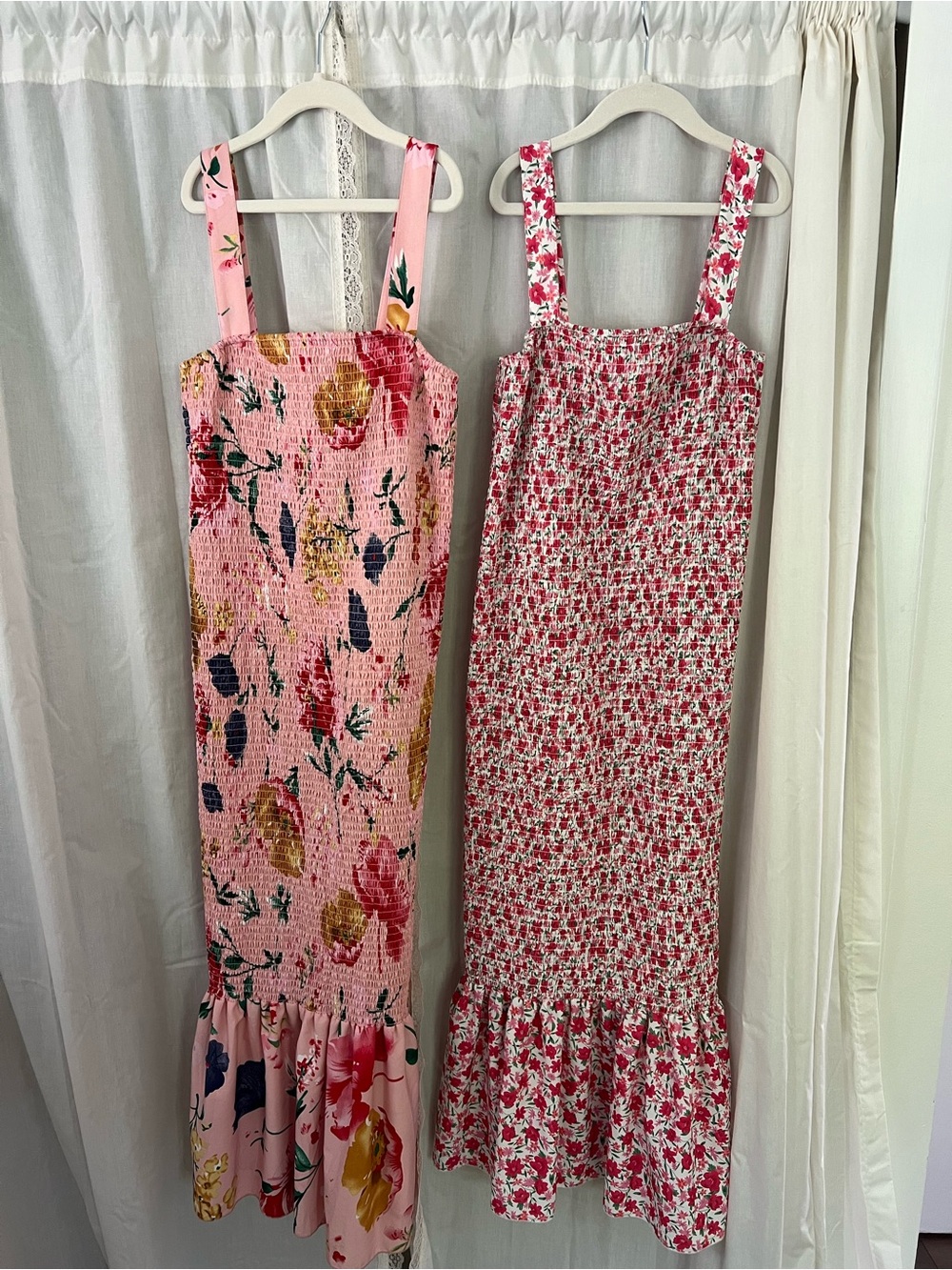 Pink Floral Smocked Ruffle Midi Dress